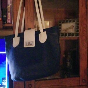 Genuine leather Navy and white handbag